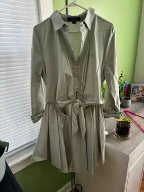 AKIRA Light Sage Button-Front Tie-Waist Shirt Dress